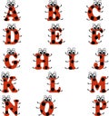 Alphabet in ladybug style, in red and black color