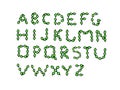 Alphabet latin vector green, ecology theme, leaves. Letters, hand drawing. Font illustration color Royalty Free Stock Photo