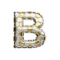 Alphabet letter B uppercase. Soccer font made of silver and gold football texture. 3D render isolated on white background.