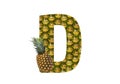 Alphabet letter D made from pineapple on a white background. Tropical fruit pineapple diet summer food