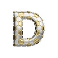 Alphabet letter D uppercase. Soccer font made of silver and gold football texture. 3D render isolated on white background.