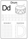 Writing letter D. Worksheet. Writing A-Z, alphabet, exercises game for kids. Royalty Free Stock Photo