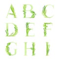Alphabet Letter Decorated with Green Foliage and Leaf Vector Set