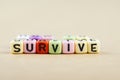 Alphabet letter dice text on desk, spelling SURVIVE Royalty Free Stock Photo