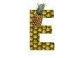 Alphabet letter E made from pineapple on a white background. Tropical fruit pineapple diet summer food