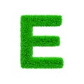 Alphabet letter E uppercase. Grassy font made of fresh green grass. 3D render isolated on white background.