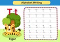 Alphabet Letter exercise T-Tiger with cartoon vocabulary