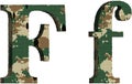 Alphabet letter f uppercase and lowercase, abstract military camouflage texture font