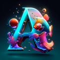 Alphabet letter A with fish and bubbles. 3d vector illustration AI generated Royalty Free Stock Photo