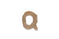 Alphabet letter font isolated over white background. English flat brown torn paper character Q