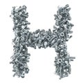 Alphabet letter H from bolts, nuts and washers. 3D rendering