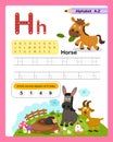 Alphabet Letter H - Horse exercise with cartoon vocabulary illustration