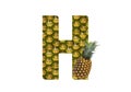 Alphabet letter H made from pineapple on a white background. Tropical fruit pineapple diet summer food