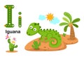 Alphabet Letter I-Iguana with cartoon vocabulary illustration