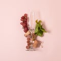 Alphabet. Letter I made of wineglasses with rose and white wine, grapes, leaves and corks lying on pink background. Wine Royalty Free Stock Photo