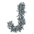 Alphabet letter J from bolts, nuts and washers. 3D rendering