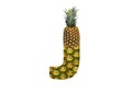 Alphabet letter J made from pineapple on a white background. Tropical fruit pineapple diet summer food