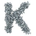 Alphabet letter K from bolts, nuts and washers. 3D rendering