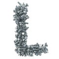 Alphabet letter L from bolts, nuts and washers. 3D rendering