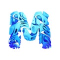 Alphabet letter M uppercase. Blue font made of ink splash in water. 3D render isolated on white background.