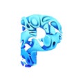 Alphabet letter P uppercase. Blue font made of ink splash in water. 3D render isolated on white background.