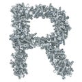 Alphabet letter R from bolts, nuts and washers. 3D rendering