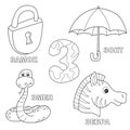 Alphabet letter with russian Z. pictures of the letter - coloring book for kids Royalty Free Stock Photo