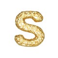 Alphabet letter S uppercase. Gold font made of yellow cellular framework. 3D render isolated on white background.