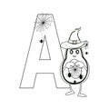 Alphabet, letter A. In the style of halloween and cartoon.Line style. Coloring book for children. Royalty Free Stock Photo