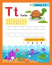 Alphabet Letter T - Turtle exercise with cartoon vocabulary illustration Royalty Free Stock Photo