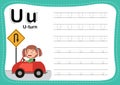 Alphabet Letter U - U-turn exercise with cut girl vocabulary Royalty Free Stock Photo