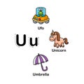 Alphabet Letter U-ufo,unicorn,umbrella vector illustration Royalty Free Stock Photo