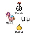 Alphabet Letter U-unicycle,unicorn,ugli fruit Royalty Free Stock Photo