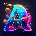 Alphabet letter A with underwater world and fishes. Lettering in neon style. generative AI