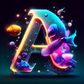 Alphabet letter A with underwater world. Vector illustration in neon style generative AI