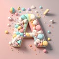 Alphabet letter A uppercase. 3D rendering font in pastel colors with candy and confetti.