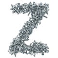 Alphabet letter Z from bolts, nuts and washers. 3D rendering