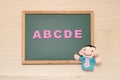 Alphabet letters ABCDE and man doll on blackboard. English education concept. Royalty Free Stock Photo