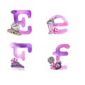 Alphabet letters E and F watercolor illustration, sweets