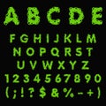 Alphabet, letters, numbers and signs made of green slime, liquid. Isolated colored vector objects.