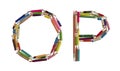 Alphabet - letters: O P, alphabet made from colorful used pencils