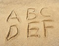 Alphabet letters in sand on beach