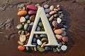 alphabet letters spelled out with smooth, flat beach stones