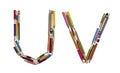 Alphabet - letters: U V, alphabet made from colorful used pencils