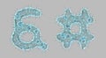 Alphabet made of virus isolated on gray background. Symbol ampersand and hash. 3d rendering. Covid font