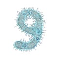 Alphabet made of virus isolated on white background. Number 9. 3d rendering. Covid font, virus font, 3d