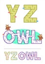 Alphabet maze games Y, Z and word maze OWL