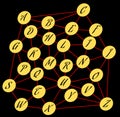 Alphabet in mesh, network with letters, abstract illustration with calligraphic letters in yellow circles, red mesh on