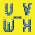 Alphabet Metal pipes style in a set UVWX fonts comic vector Royalty Free Stock Photo