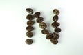 Alphabet N form Coffee beans in white background Royalty Free Stock Photo
